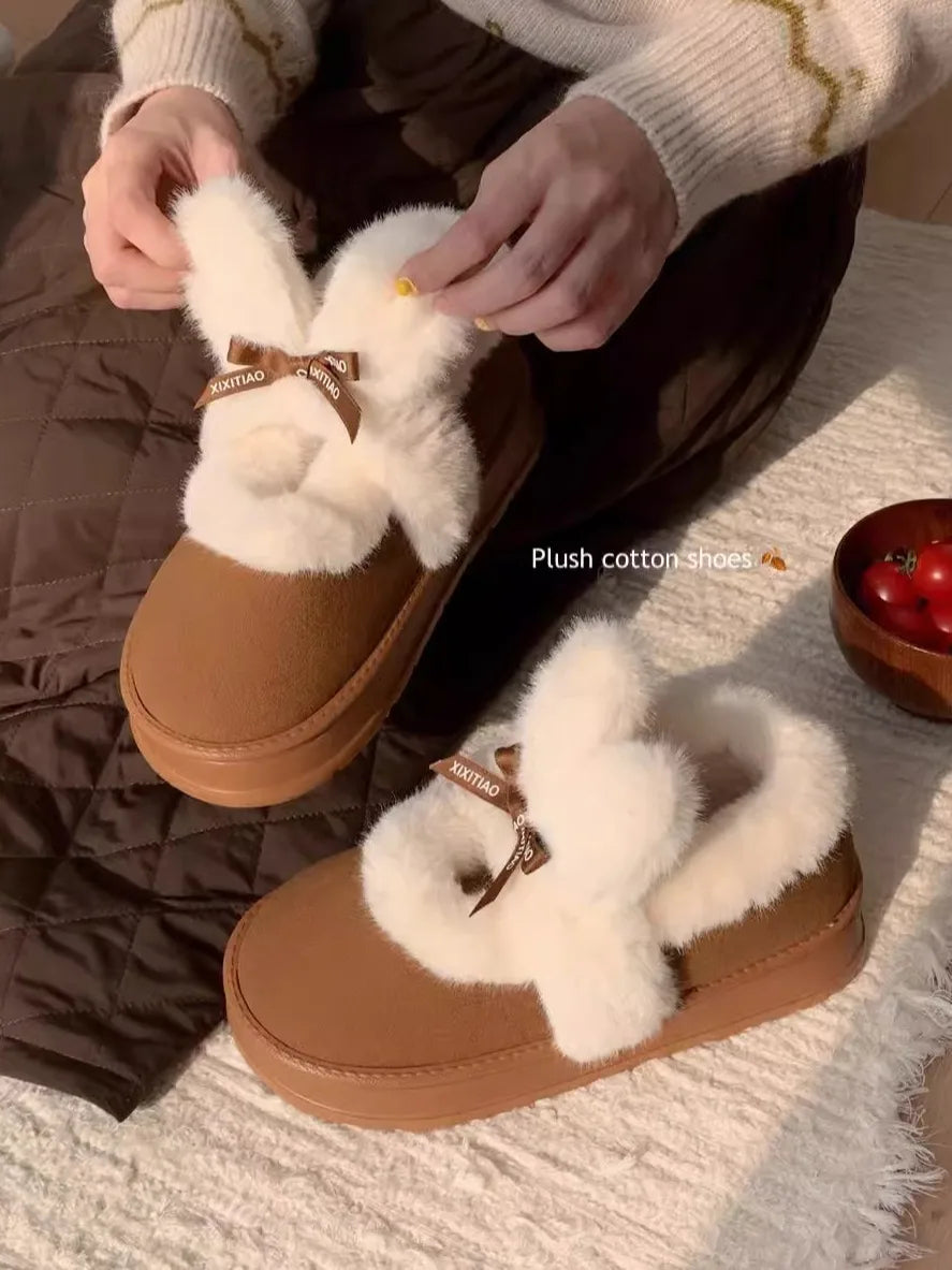 Women Snow Boots Fur Integrated Thick Soled Snow Boots For Women In Winter, Warm And Versatile Indoor Outdoor Boots Cute Rabbit