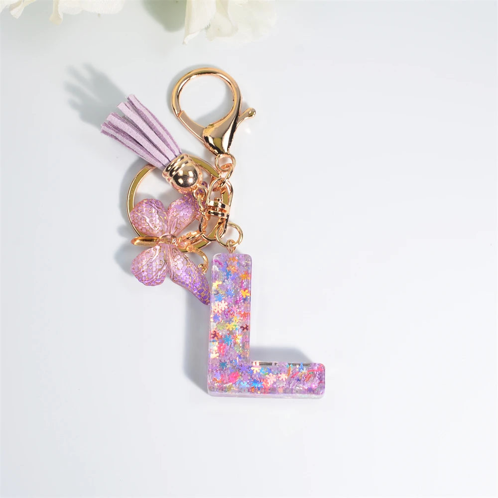 A-Z Dreamy Sequin Letters Keychain for Women Tassel Butterfly Pendant Initial Keyring Purse Suspension Bags Charms Car Key Chain