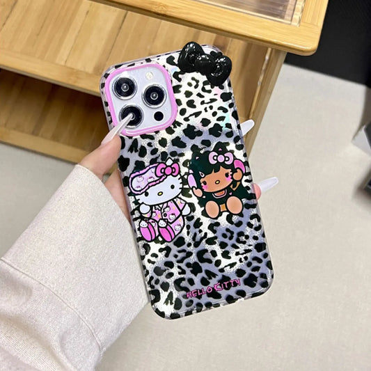 Sanrio Hello Kitty Sexy Pink Lepard Print Bow Phone Case For iPhone 16 15 14 12 13 11ProMax XR XSMAX 7 8PLUS MINI Y2K Cool Cover