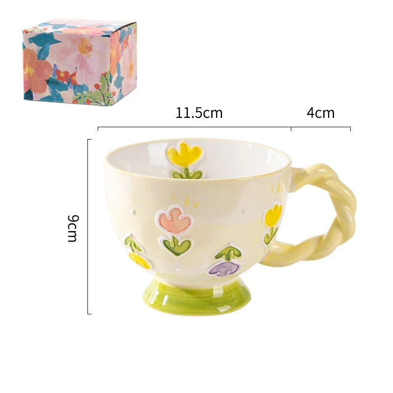 Cute Ceramic Mug Hand-painted Embossed Breakfast Cup 450ML Home Oatmeal Cups Breakfast Mugs Creative Milk Cups Coffee Cups