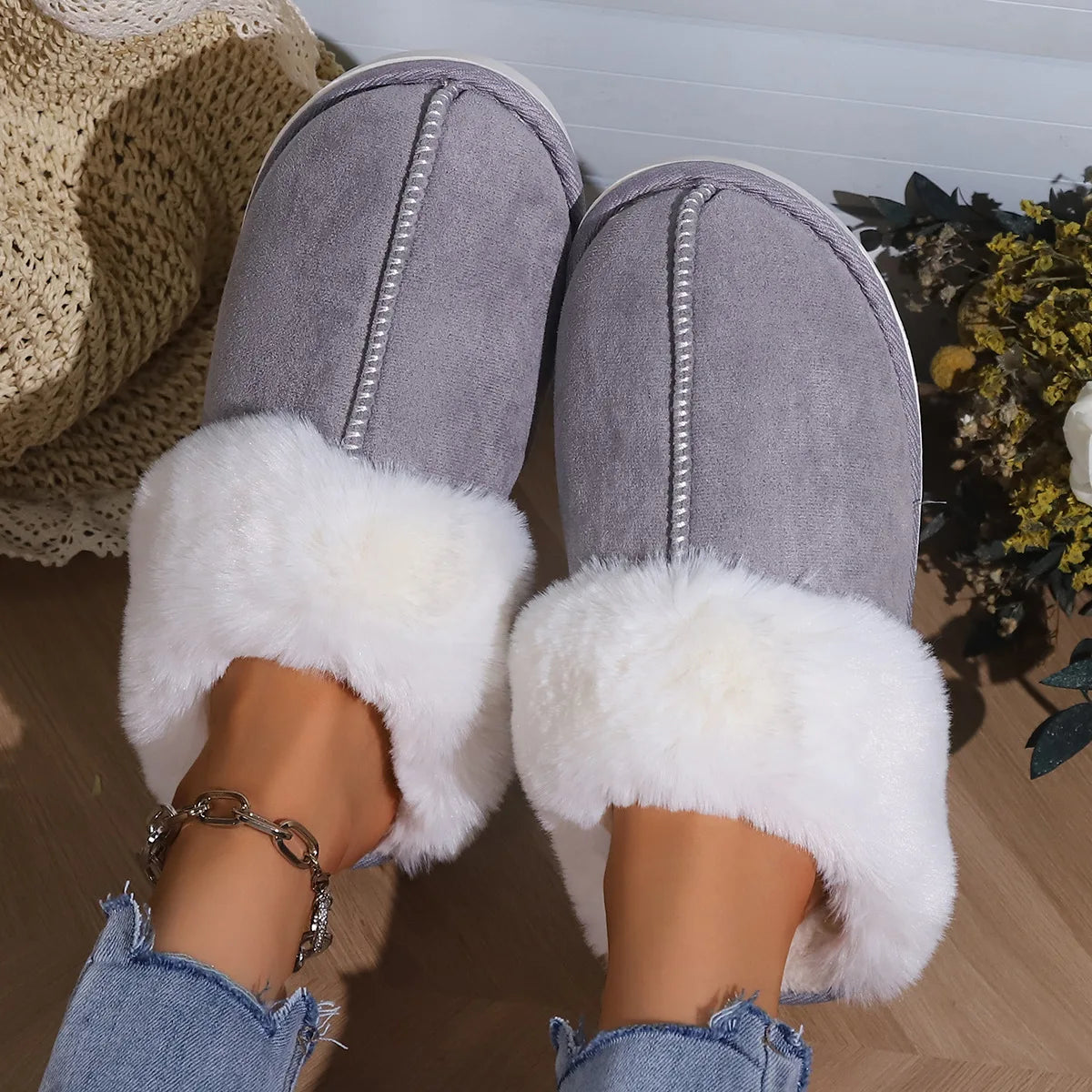 2023 Winter Warm Fur Indoor Home Slippers Women Fluffy Comfort Soft Bedroom Slippers for Couples Flat Non Slip House Shoes Woman