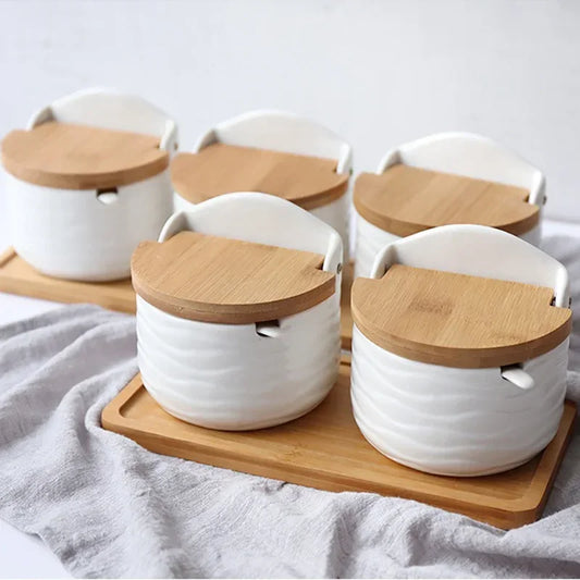 White Ceramic Seasoning Jar Japanese Style Bamboo Lid Spice Jar with Spoon Household Container Sugar Salt Spices Storage Box