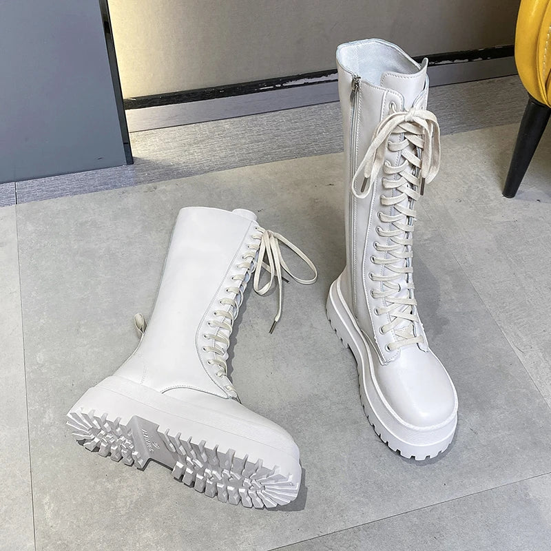 Chunky Platform Punk Boots Women Thick Bottom PU Leather Knee High Boots Woman Autumn Winter Fashion Motorcycle Botas Mujer 2024