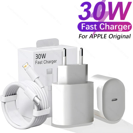 Original 30W Fast Charger For APPLE iPhone 15 14 13 12 11 Pro Max USB-C Quick Charging X XS XR 7 8 Plus Cable Phone Accessories