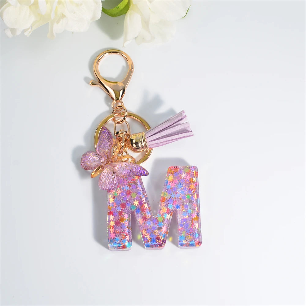 A-Z Dreamy Sequin Letters Keychain for Women Tassel Butterfly Pendant Initial Keyring Purse Suspension Bags Charms Car Key Chain