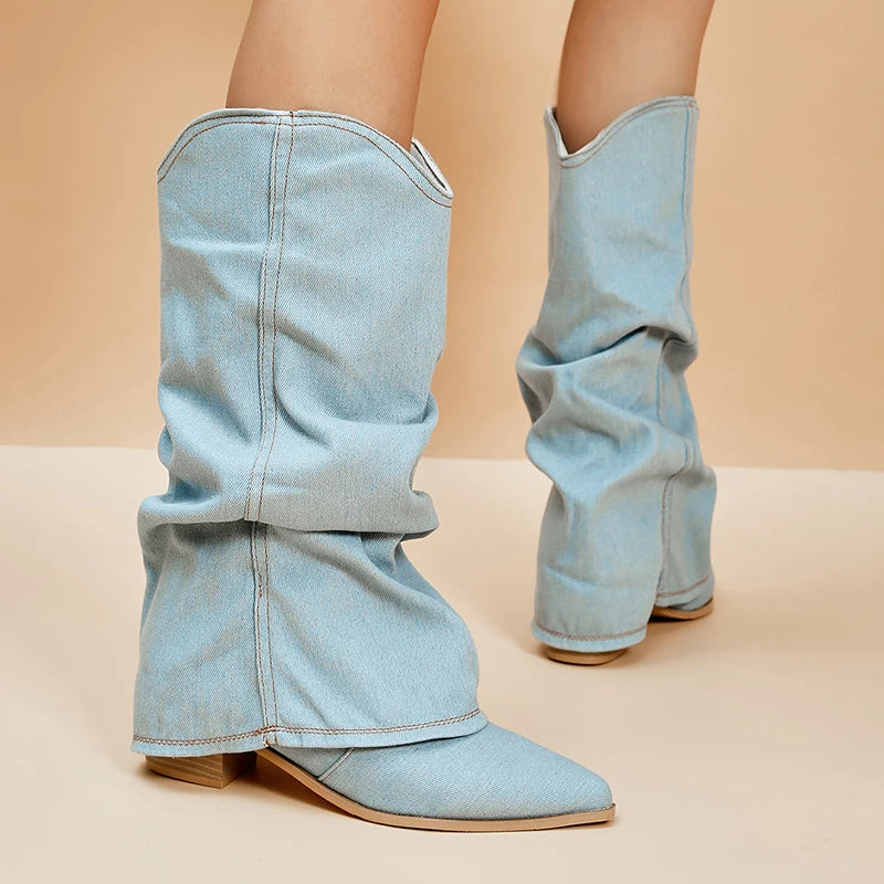 Pleated Block Heels Denim Boots for Women 2024 Autumn Pointed Toe Women High Knee Boots Plus Size Fashion Cowboy Woman Boots