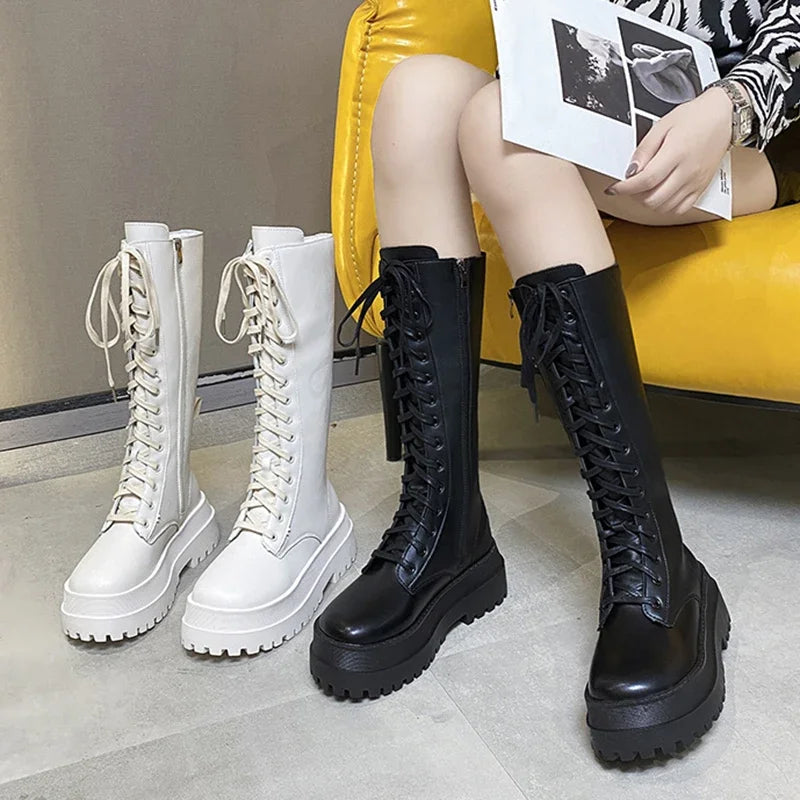 Chunky Platform Punk Boots Women Thick Bottom PU Leather Knee High Boots Woman Autumn Winter Fashion Motorcycle Botas Mujer 2024