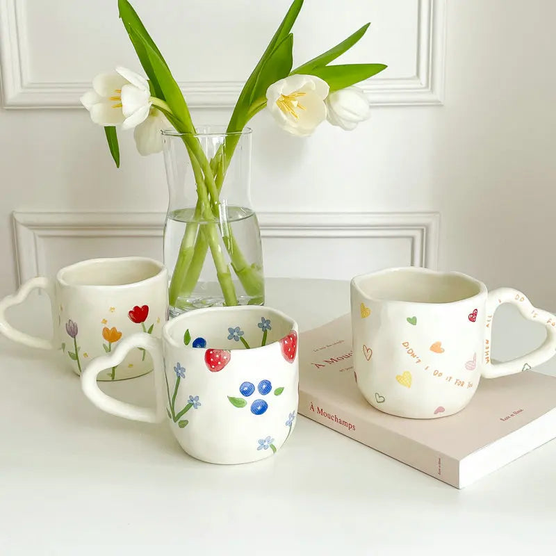 350ml Ceramic Coffee Mugs Korean Style Ins Hand Painted Floral hearts Hand Pinched Irregular Tea Milk Cup Breakfast Oatmeal Mug