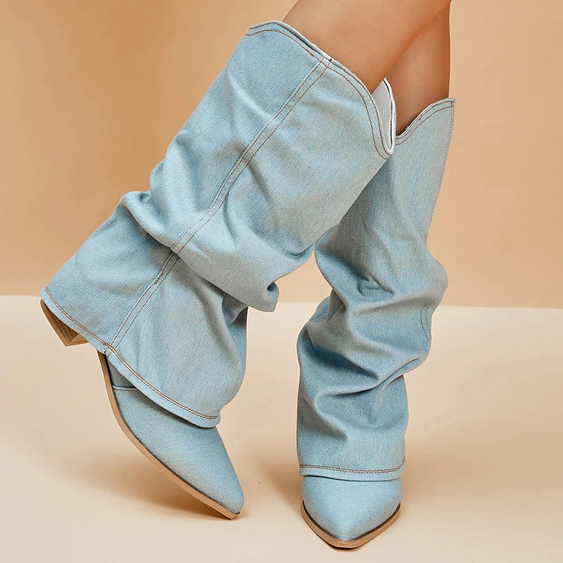 Pleated Block Heels Denim Boots for Women 2024 Autumn Pointed Toe Women High Knee Boots Plus Size Fashion Cowboy Woman Boots