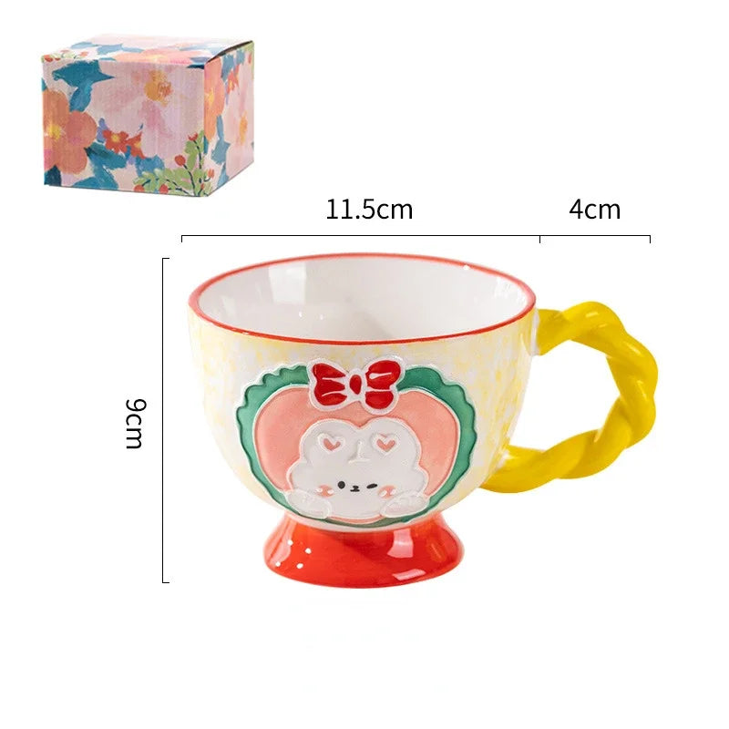 Cute Ceramic Mug Hand-painted Embossed Breakfast Cup 450ML Home Oatmeal Cups Breakfast Mugs Creative Milk Cups Coffee Cups