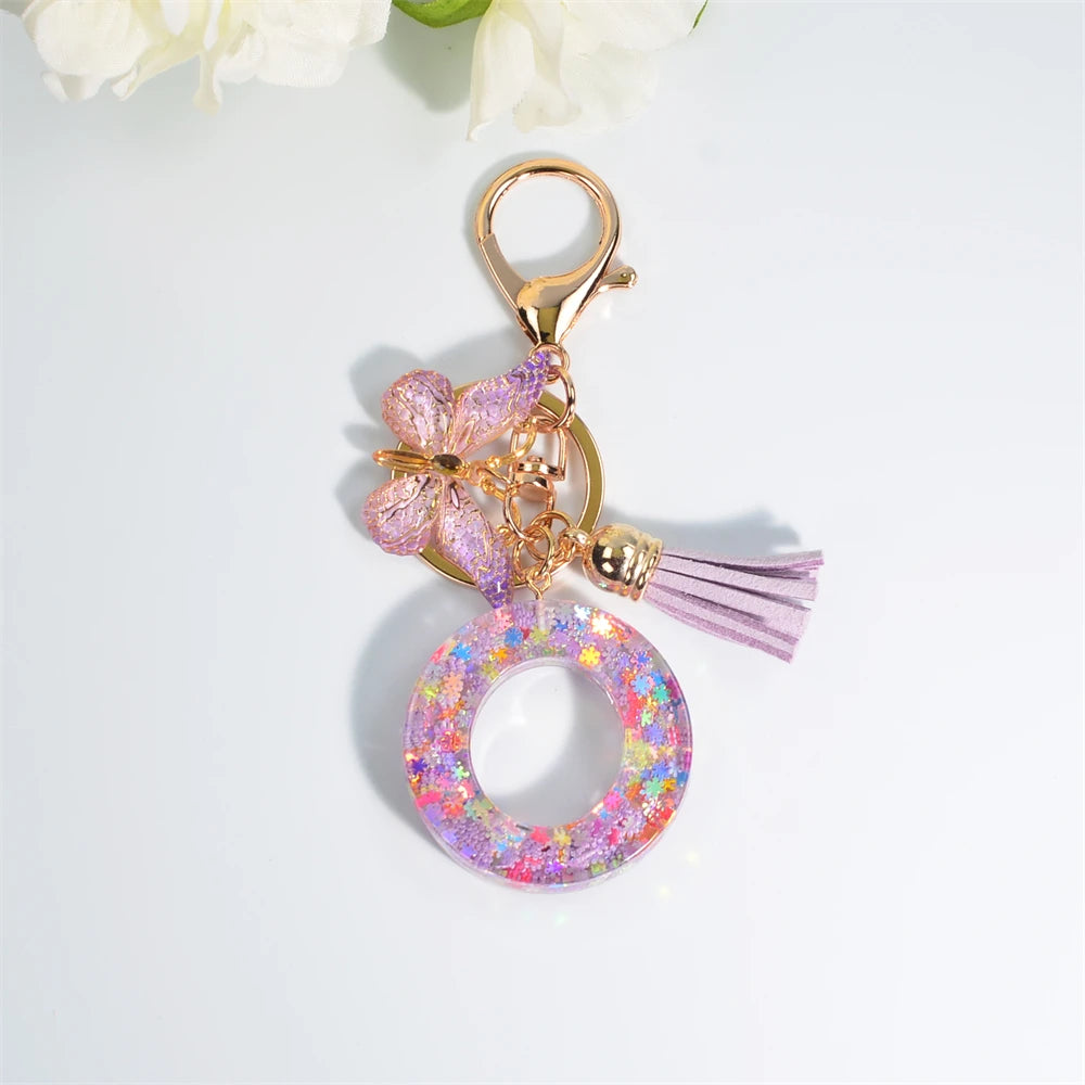 A-Z Dreamy Sequin Letters Keychain for Women Tassel Butterfly Pendant Initial Keyring Purse Suspension Bags Charms Car Key Chain