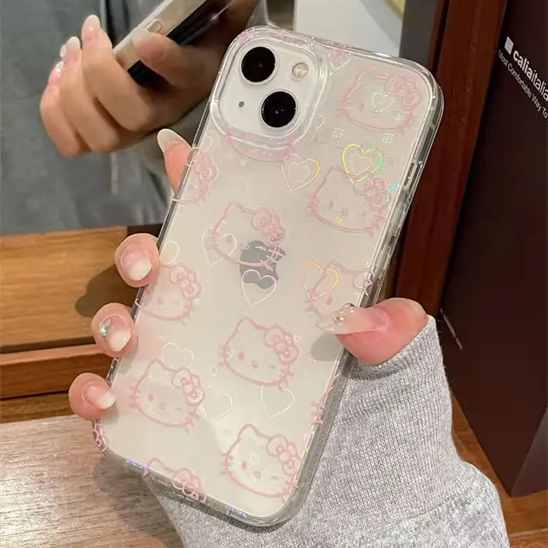 Sanrio Hello Kitty Full Screen Pink Laser Bow Phone Case For iPhone 16 15 14 12 13 11 Pro Max XR XS MAX 7 8 PLUS MINI Y2K Cover