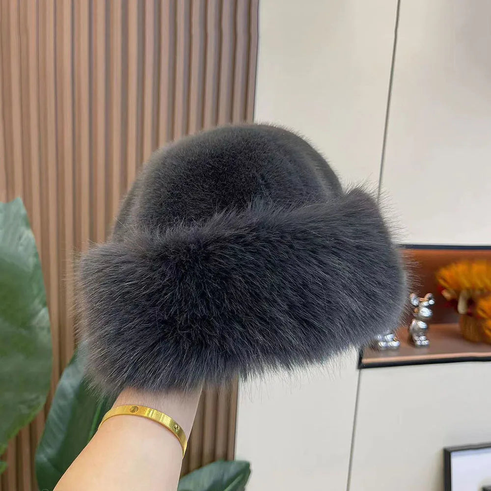 2024 Y2K Fluffy Faux Fur Bucket Hat Women Rabbit Fur Warm Thick Plush Winter Hat Lady Luxury Fashion Furry Panama Fisherman Cap