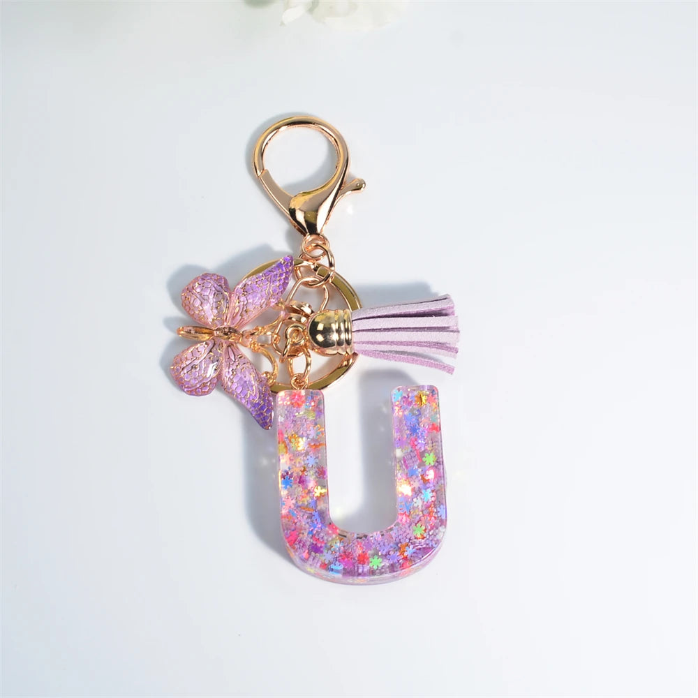 A-Z Dreamy Sequin Letters Keychain for Women Tassel Butterfly Pendant Initial Keyring Purse Suspension Bags Charms Car Key Chain