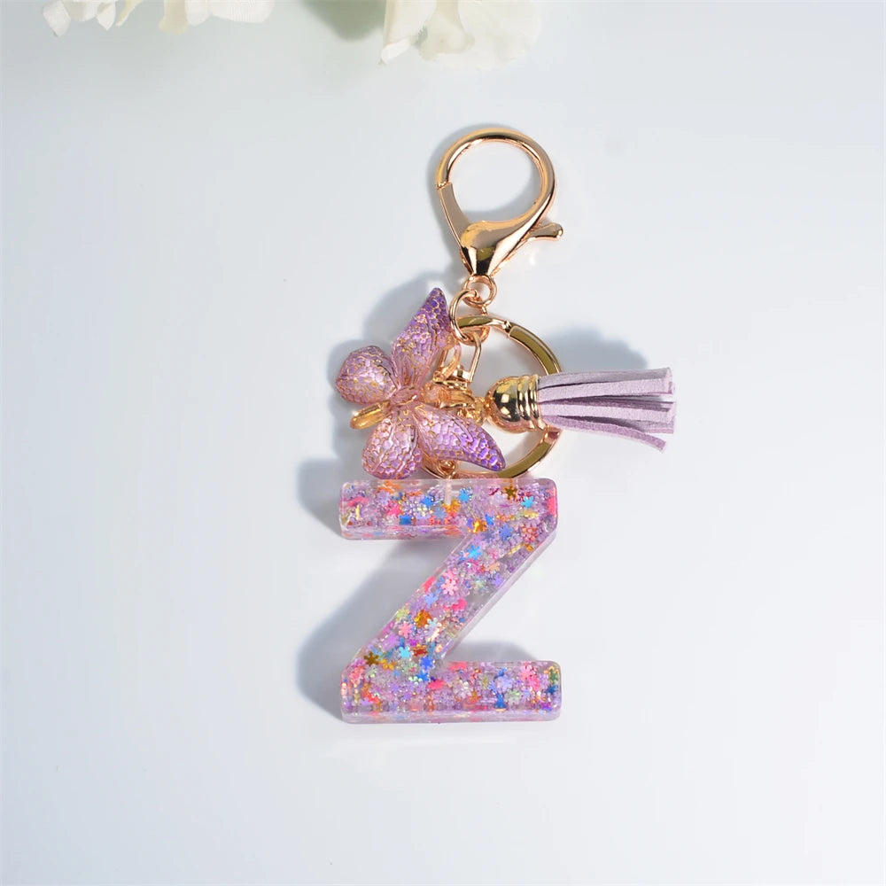 A-Z Dreamy Sequin Letters Keychain for Women Tassel Butterfly Pendant Initial Keyring Purse Suspension Bags Charms Car Key Chain