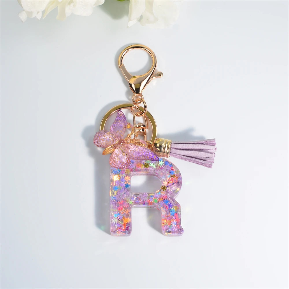 A-Z Dreamy Sequin Letters Keychain for Women Tassel Butterfly Pendant Initial Keyring Purse Suspension Bags Charms Car Key Chain