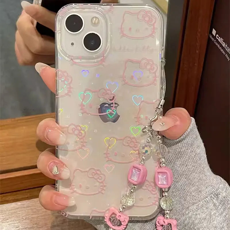 Sanrio Hello Kitty Full Screen Pink Laser Bow Phone Case For iPhone 16 15 14 12 13 11 Pro Max XR XS MAX 7 8 PLUS MINI Y2K Cover