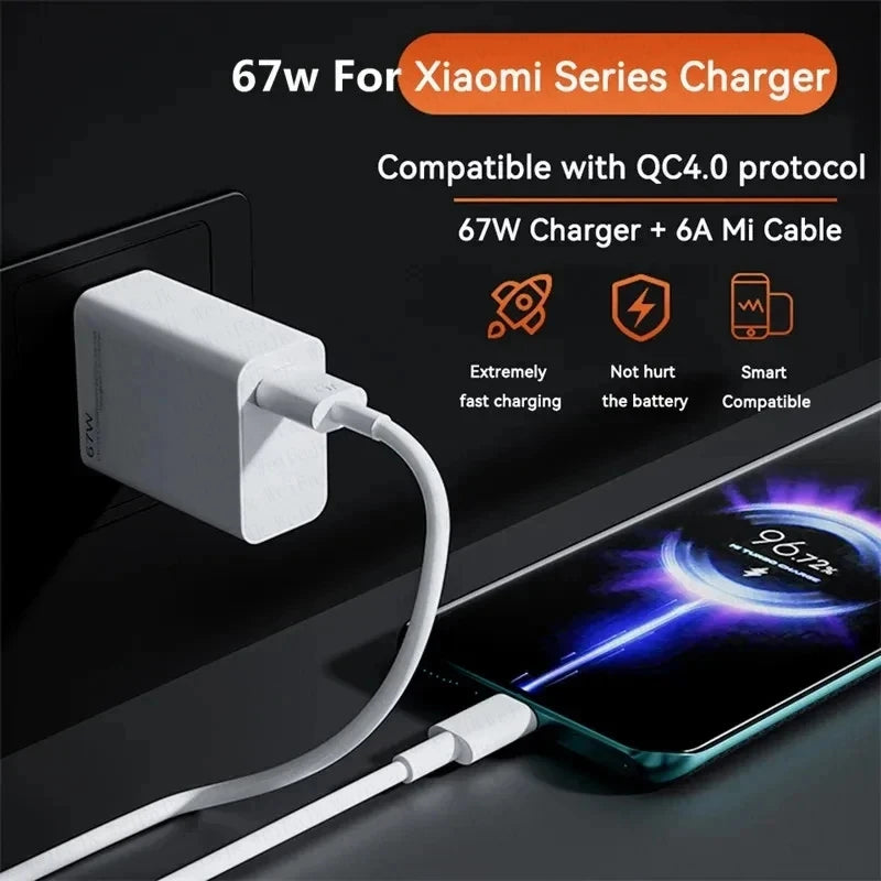 67W GaN Original Fast Charger For Xiaomi 14 13 12 11 10 Ultra Redmi Note 12T 13 Pro Turbo Quick Charge Type C USB Charging Cable