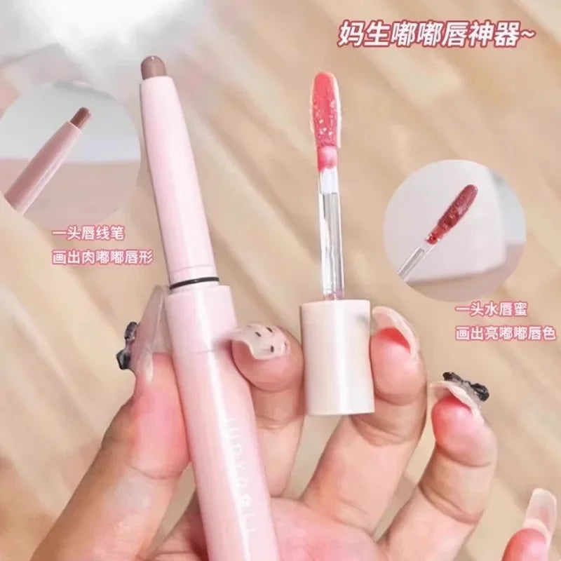 Judydoll Double Headed Water Lipstick Gloss Lip Glaze Lipliner and Lip Gloss All-in-One Moisturizing Lip Plump Makeup Cosmetics