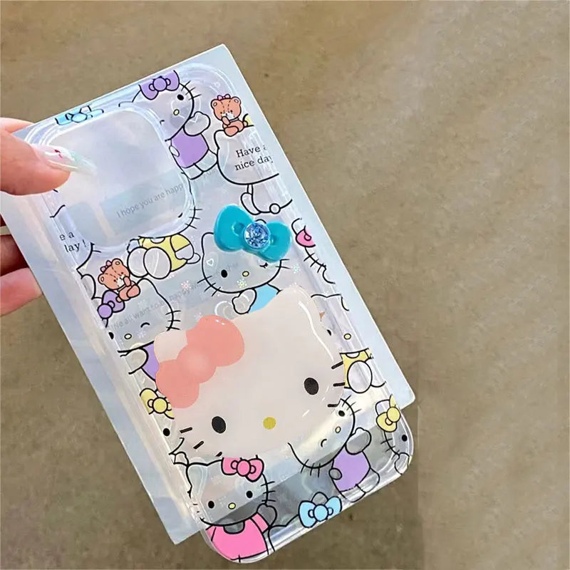 Sanrio Hello Kitty Stand Blue Bow Phone Case For iPhone 15 14 12 13 11 Pro Max XR XS MAX 7 8 PLUS MINI Y2K Cartoon Girl Cover