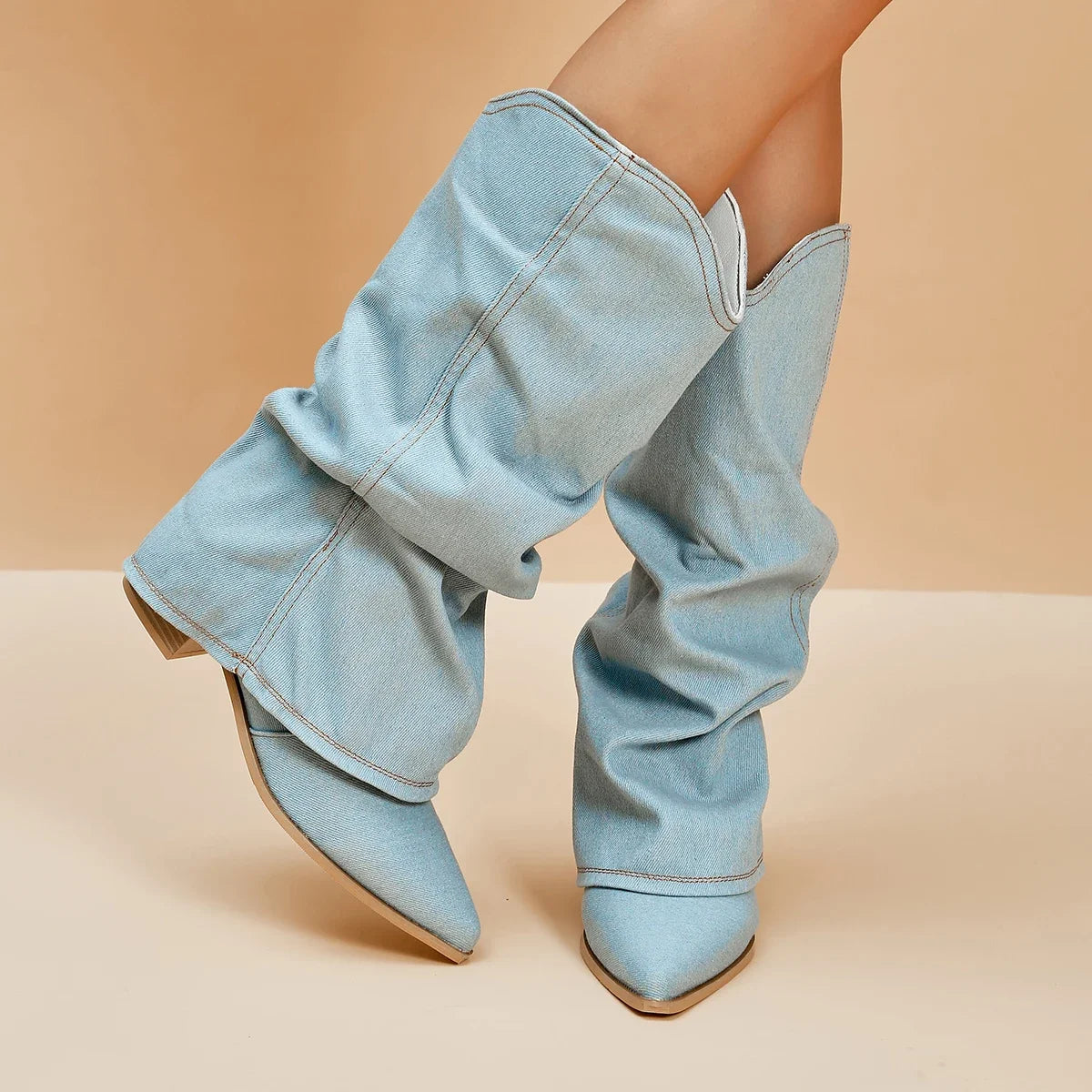 Pleated Block Heels Denim Boots for Women 2024 Autumn Pointed Toe Women High Knee Boots Plus Size Fashion Cowboy Woman Boots