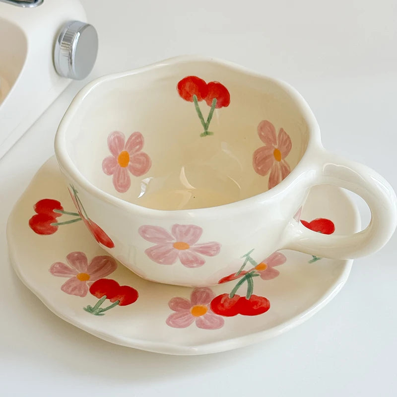 Korean Style Flower pattern Ceramic Cup and Saucer Set Hand Pinched Irregular Coffee Cup Milk Cup Afternoon Tea Tableware Gifts