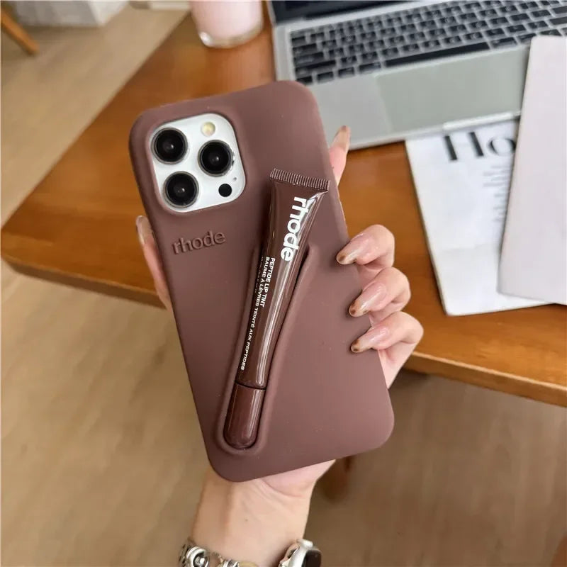 For iPhone 16 12 13 14 15 11 Pro Max Plus Fashion Rhode Phone Case Gray Toast Espresso Ribbon Lip Gloss Holder Silicone Cover