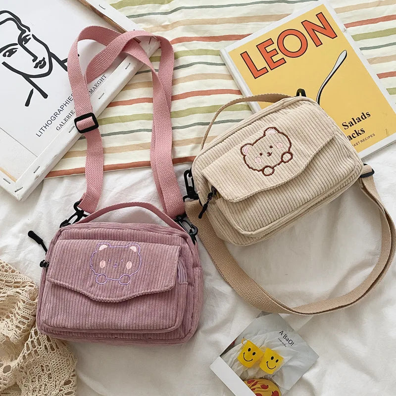 Women Fashion Corduroy Cartoon Bear Print Shoulder Bag Student Girls Tote Messenger Bag Satchel Travel Handbags Canvas Small Bag