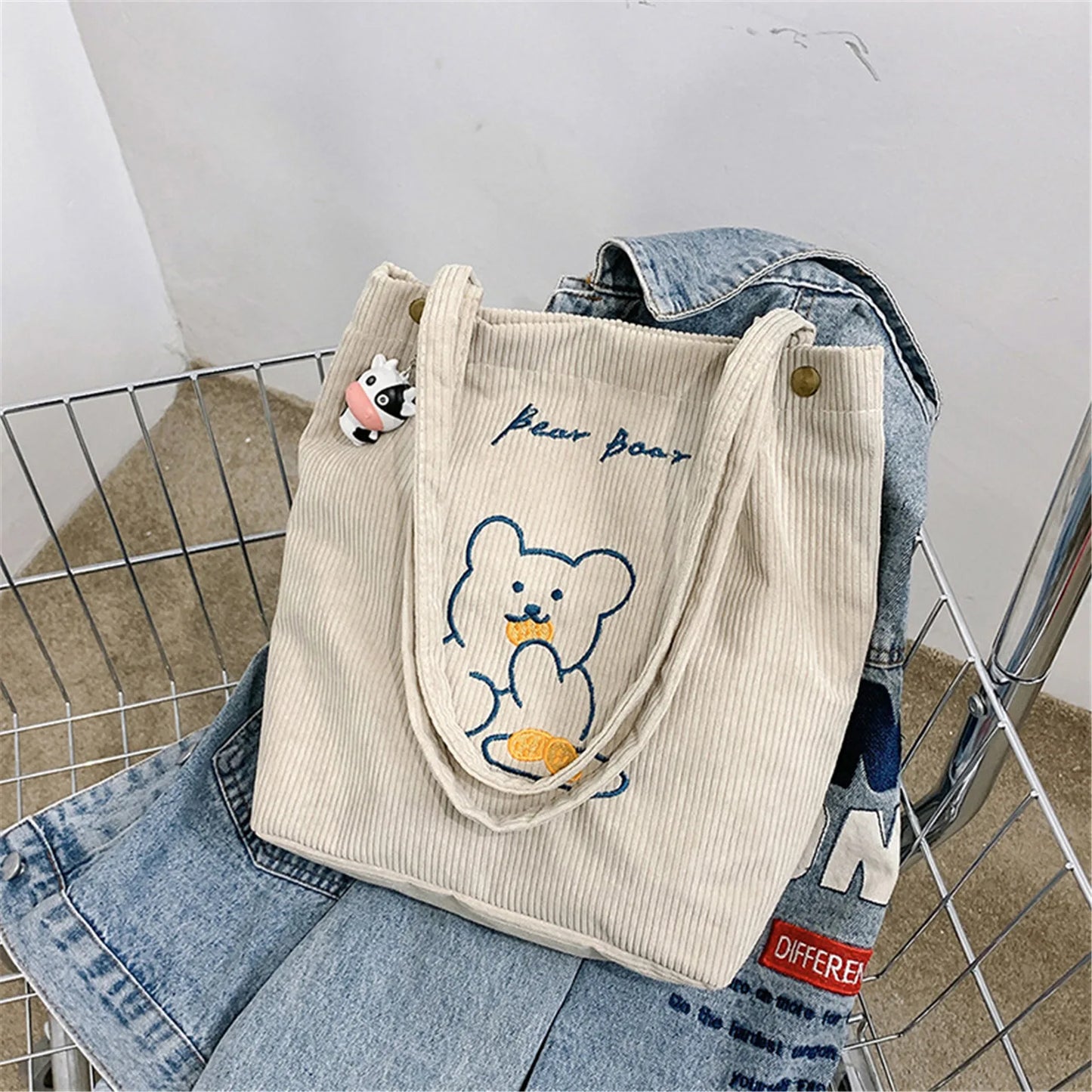 Cartoon Embroidered Bear Shoulder Bag Foldable Corduroy Handbag For Women Large Capacity Tote Bags Eco Friendly Shopping Bag