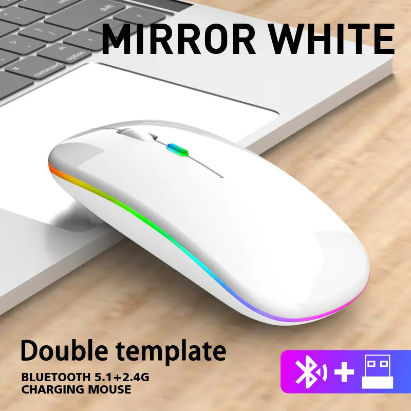 Wireless Mouse Bluetooth and 2.4GHz Dual Modes Rechargeable RGB Ergonomic Silent Click for PC iPad Laptop Cell Phone TV