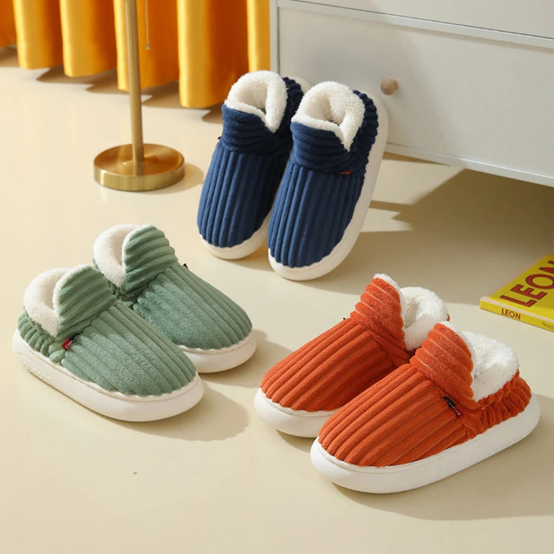 2024 Fashion Couple Winter Warm Plush Slippers Thick Sole Non Slip Casual Cotton Shoes Woman Corduroy Soft Indoor Home Slippers