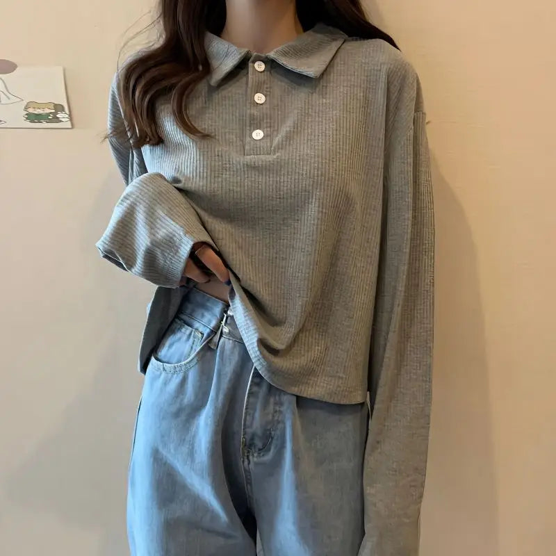 Women Knit School Polo Neck Cropped Shirt Summer Short Sleeve Youthful Solid Color Crop Top Female Basic Blouse Lady Pullover