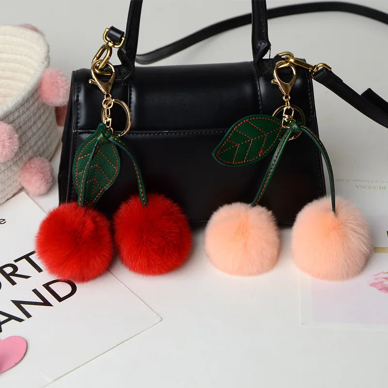 New Otter Rabbit Hair Cherry Multi-color Car Keychain Pendant Cute Pompom Doll Doll Bag Bag Hanging Key Chains for Women Gift