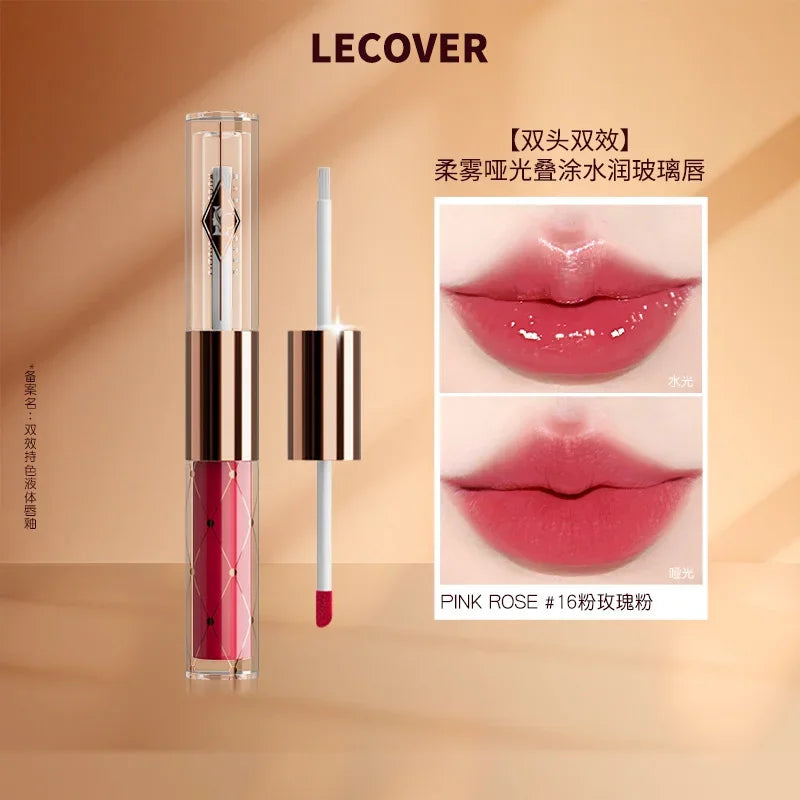 LECOVER Double-head Lip Gloss Essence Lipstick Non-stick Cup Long-lasting Lip Glaze Waterlight Mirror Lip Gloss Makeup Cosmetics