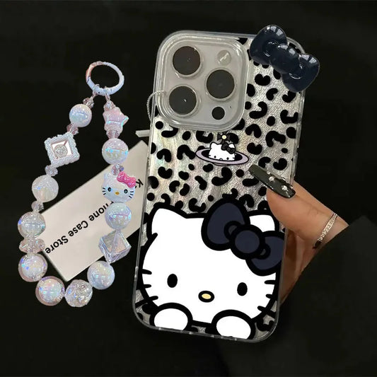 Hello Kitty Leopard Print Bow Strap Kawaii Phone Case For iPhone 16 15 14 12 13 11 Pro Max XR XS MAX 7 8PLUS MINI Y2K Girl Cover