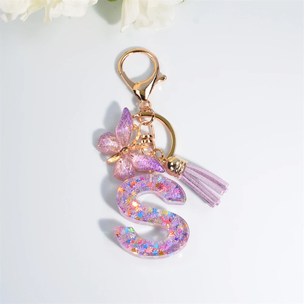 A-Z Dreamy Sequin Letters Keychain for Women Tassel Butterfly Pendant Initial Keyring Purse Suspension Bags Charms Car Key Chain