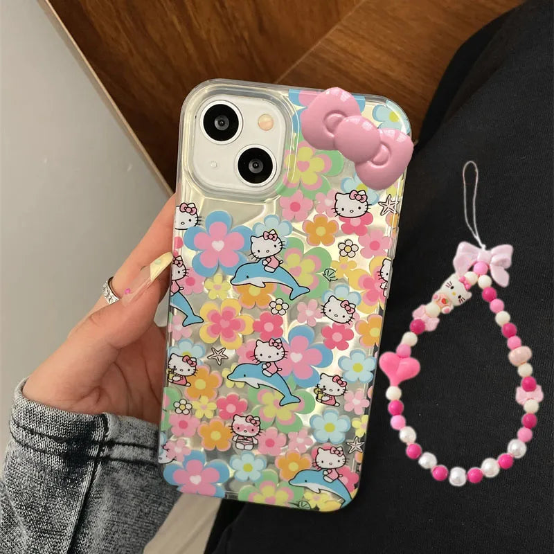 Full Screen Flower Hello Kitty Bow Mirror Strap Phone Case For iPhone 16 15 14 12 13 11 Pro Max XR XS MAX 7 8PLUS MINI Y2K Cover