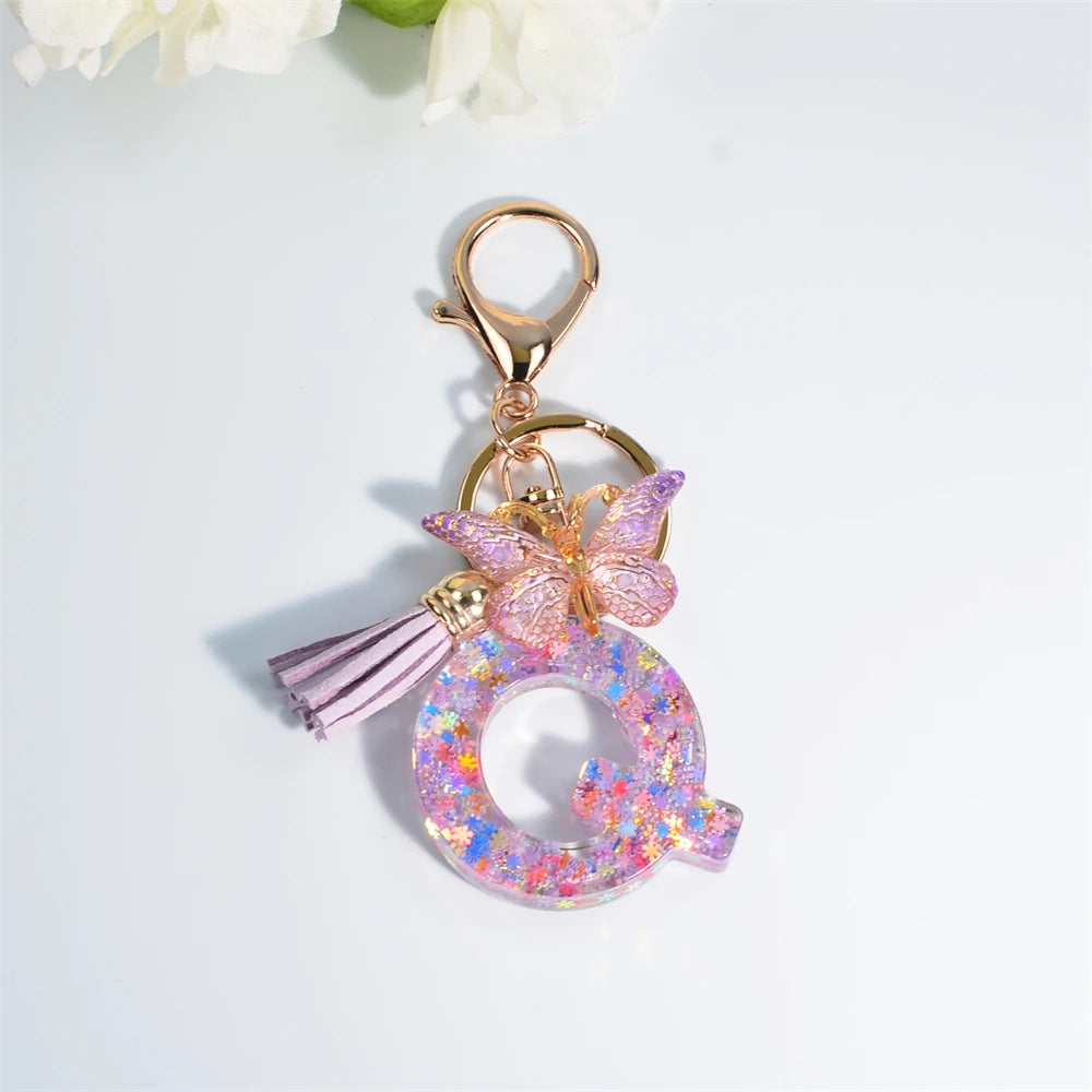 A-Z Dreamy Sequin Letters Keychain for Women Tassel Butterfly Pendant Initial Keyring Purse Suspension Bags Charms Car Key Chain