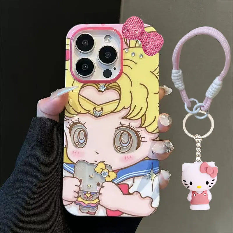 Cute Beautiful Girl Hello Kitty Diamond Bow Phone Case For iPhone 16 15 14 12 13 11 Pro Max XR XS MAX 7 8 PLUS MINI Y2K Cover