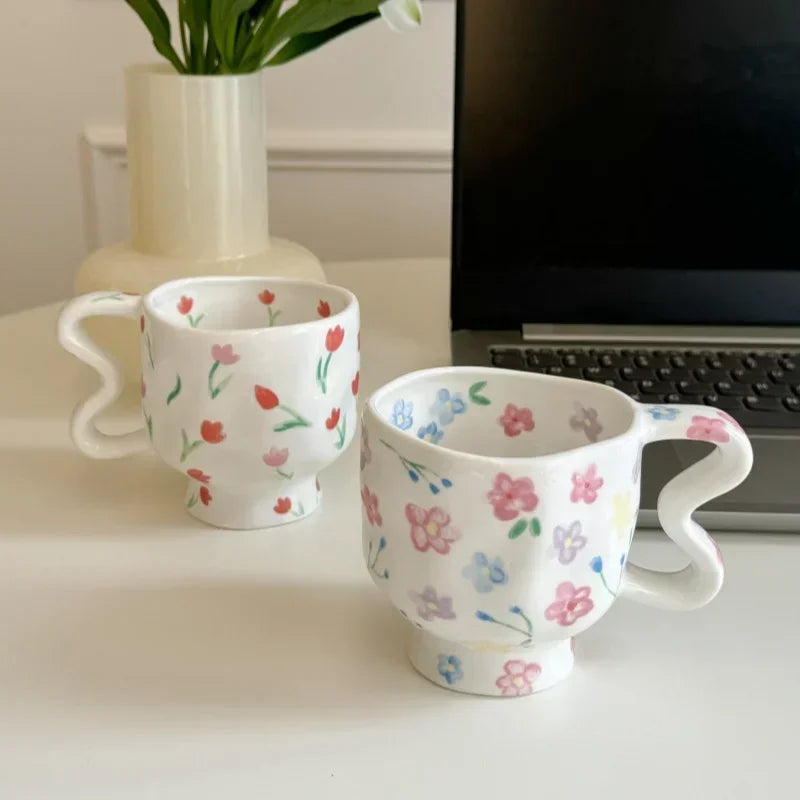 Floral Ceramic High Footed Mug Coffee Cup Hand Pinched Irregular Flower Milk Tea Cup Oatmeal Breakfast Mug Juice Cups Drinkware