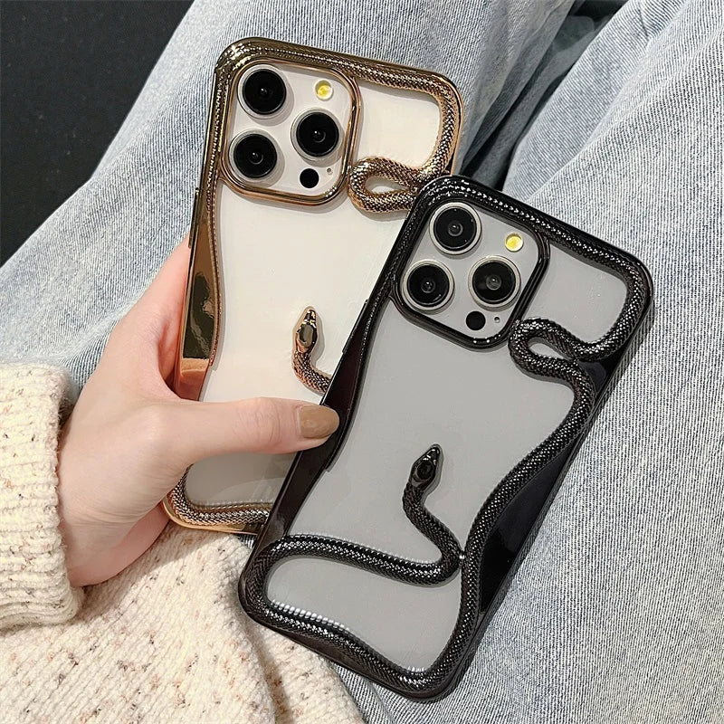 3D Snake Pattern Luxury Plating Phone Case For iPhone 16 15 14 Plus 13 12 11 Pro Max Hollow Out Shockproof Proteciton Soft Cover