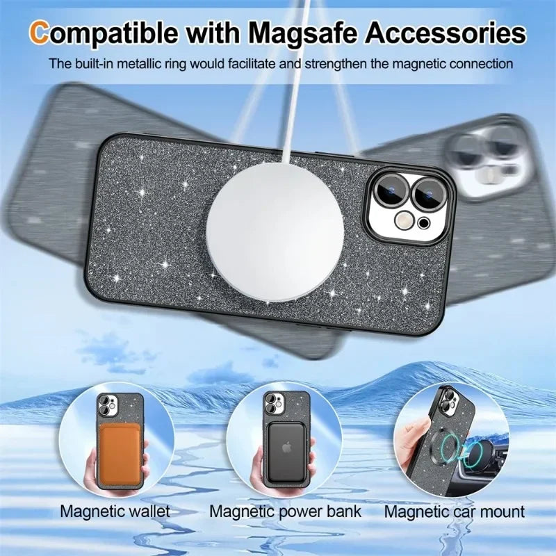 Electroplate Glitter Case For iPhone 16 15 14 13 12 11 Pro Max Plus For Magsafe Wireless Charge Bumper Cover With Lens Protector