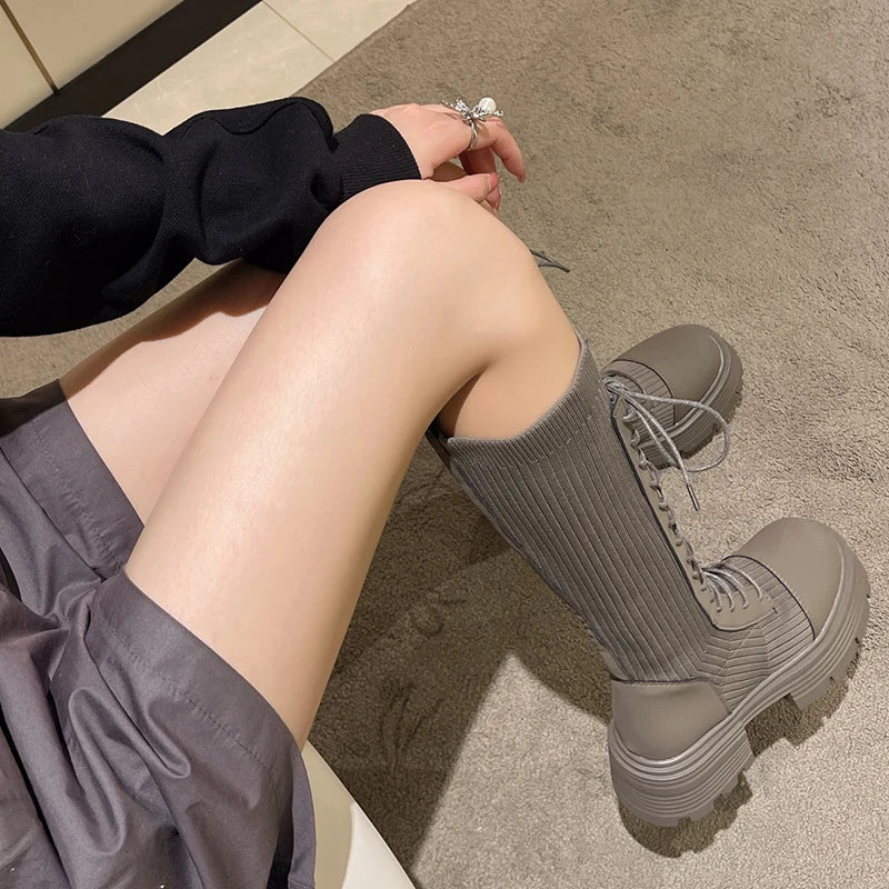 Rimocy 2024 Autumn Winter New Chunky Platform Long Boots Women Thick-soled Stretch Knitted Knee High Boots Woman Botas De Mujer