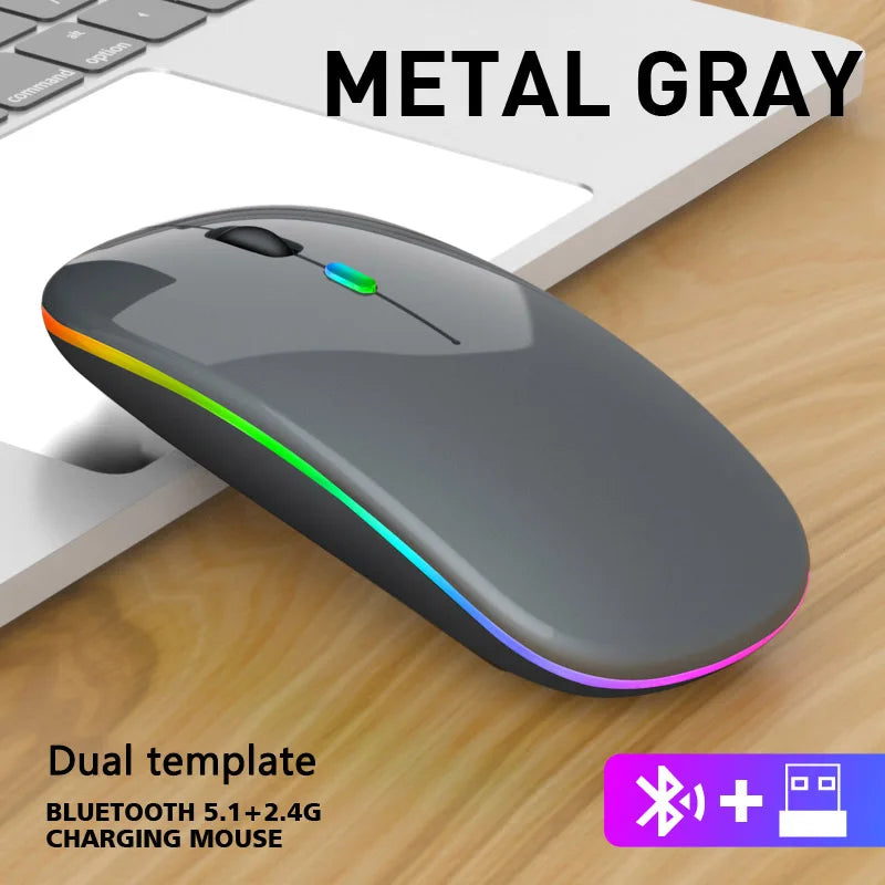 Wireless Mouse Bluetooth and 2.4GHz Dual Modes Rechargeable RGB Ergonomic Silent Click for PC iPad Laptop Cell Phone TV