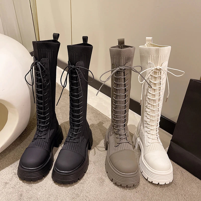 Rimocy 2024 Autumn Winter New Chunky Platform Long Boots Women Thick-soled Stretch Knitted Knee High Boots Woman Botas De Mujer