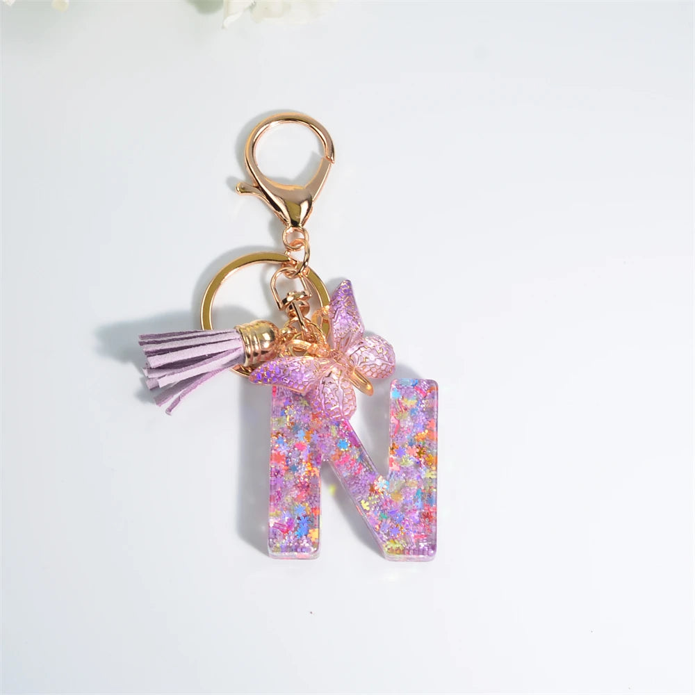 A-Z Dreamy Sequin Letters Keychain for Women Tassel Butterfly Pendant Initial Keyring Purse Suspension Bags Charms Car Key Chain