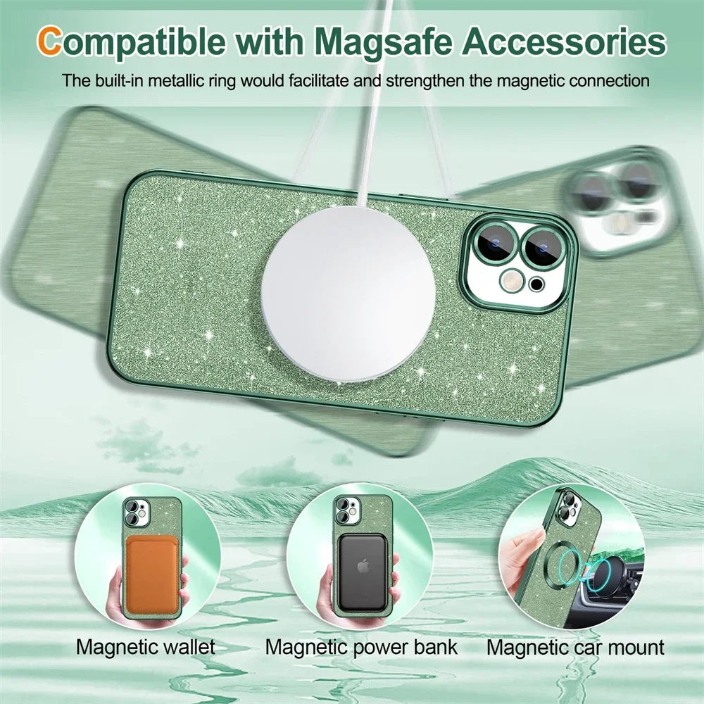 Electroplate Glitter Case For iPhone 16 15 14 13 12 11 Pro Max Plus For Magsafe Wireless Charge Bumper Cover With Lens Protector