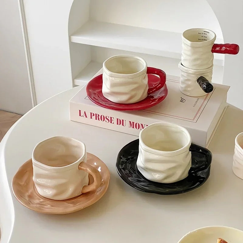 Exquisite Pleated design Ceramics Coffee Cup and Saucer Set 230ml Ceramics Mug Afternoon tea cup Couple Water cup Breakfast milk