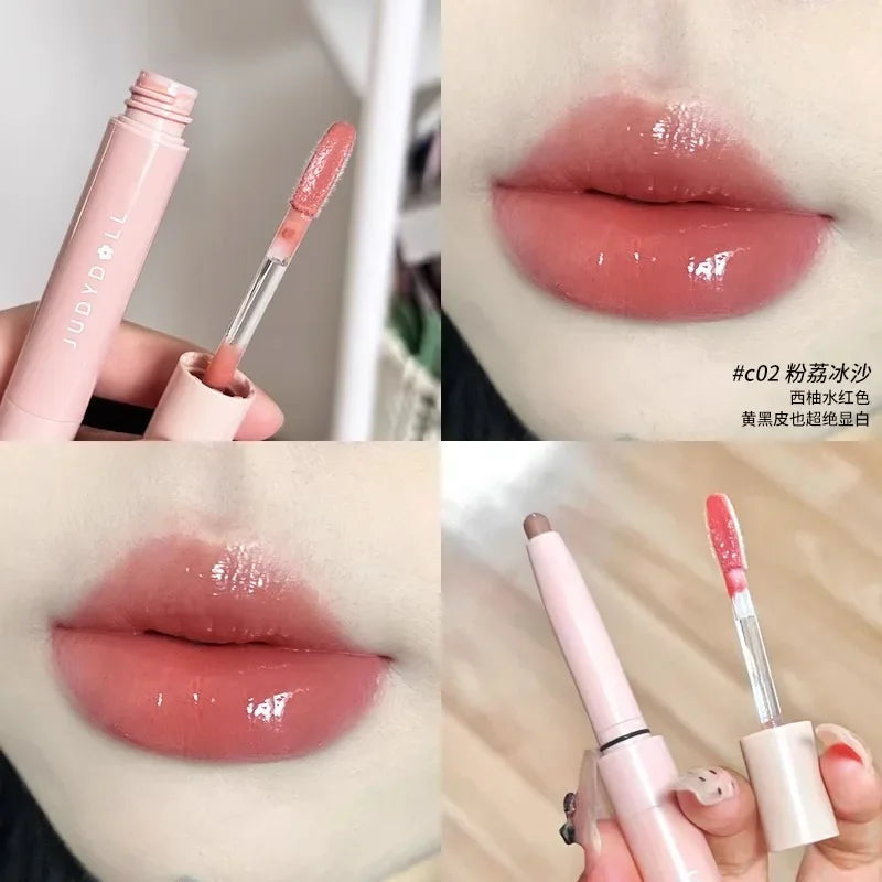 Judydoll Double Headed Water Lipstick Gloss Lip Glaze Lipliner and Lip Gloss All-in-One Moisturizing Lip Plump Makeup Cosmetics