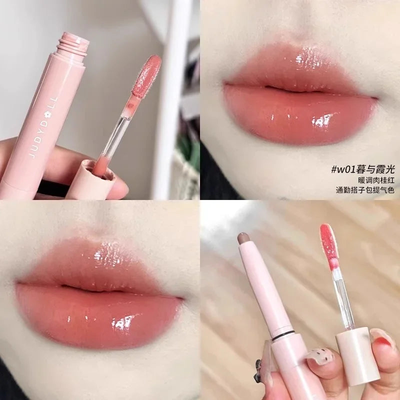 Judydoll Double Headed Water Lipstick Gloss Lip Glaze Lipliner and Lip Gloss All-in-One Moisturizing Lip Plump Makeup Cosmetics